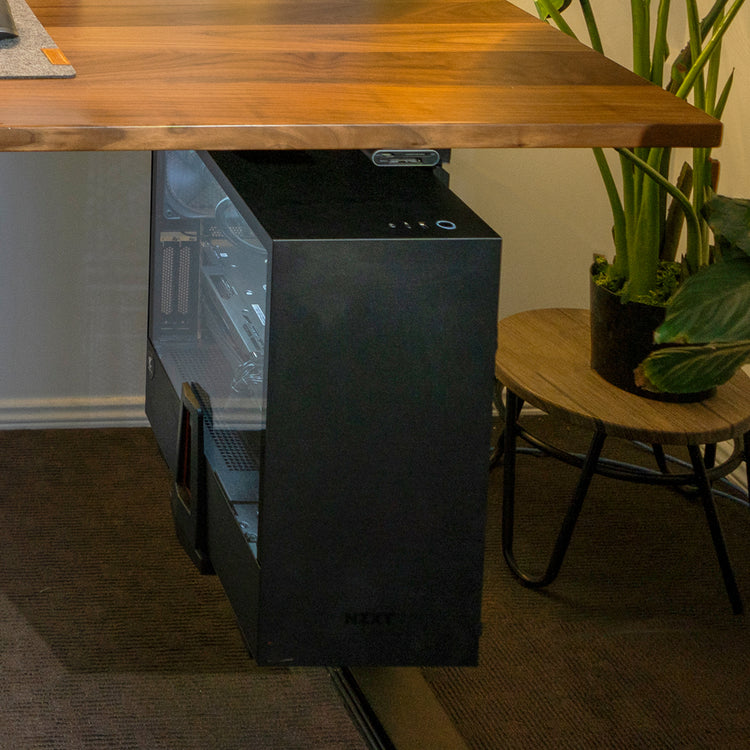 Desky Sliding CPU Mount attached under desk - Desky Canada