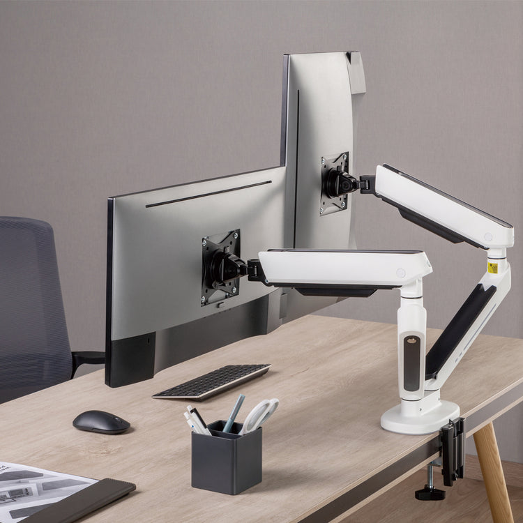 White Dual LED monitor arm - Desky Canada