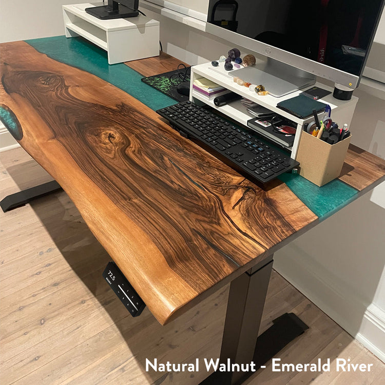 Nautral walnut river desk set up