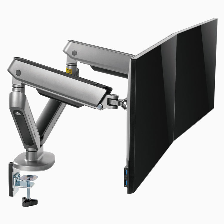 Dual monitor setup space grey LED arm