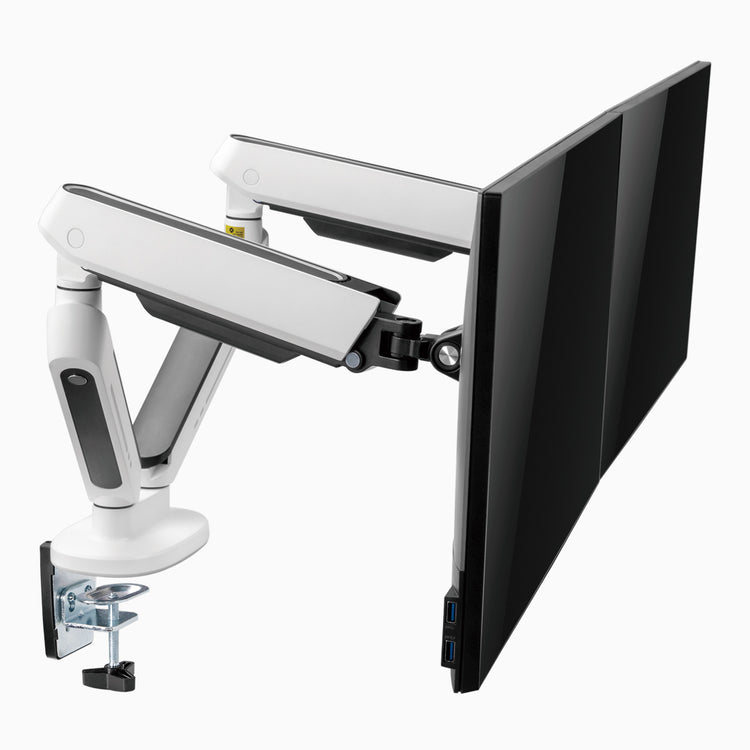 Dual monitor set up white RGB monitor arm
