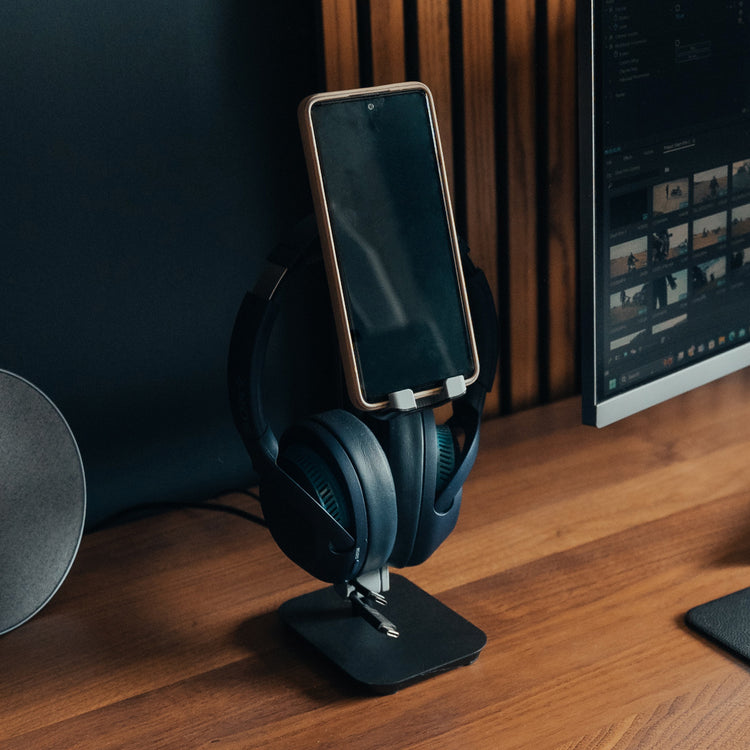 Desky Headphone and Phone Stand in black on desk