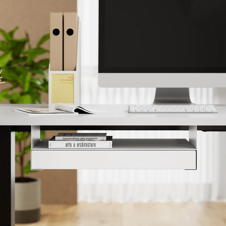 White ultra slim under desk drawer with book gap