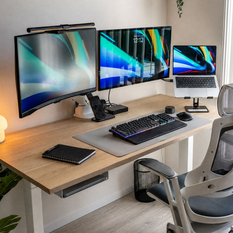 Minimalist under desk shelf with laptop inside