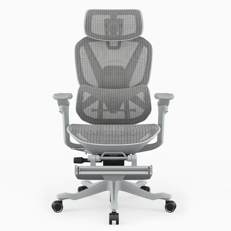 A gray ergonomic office chair with a mesh back, adjustable armrests, a headrest, and a five-wheel base, shown against a plain white background.