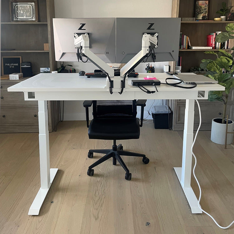 Desky white integrated cable channel white standing desk