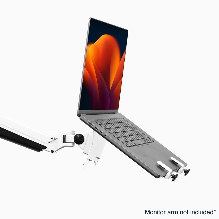 Desky universal laptop mount attached to monitor arm