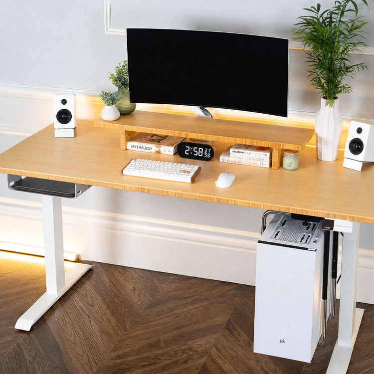 Slim under desk shelf attached to Desky desk