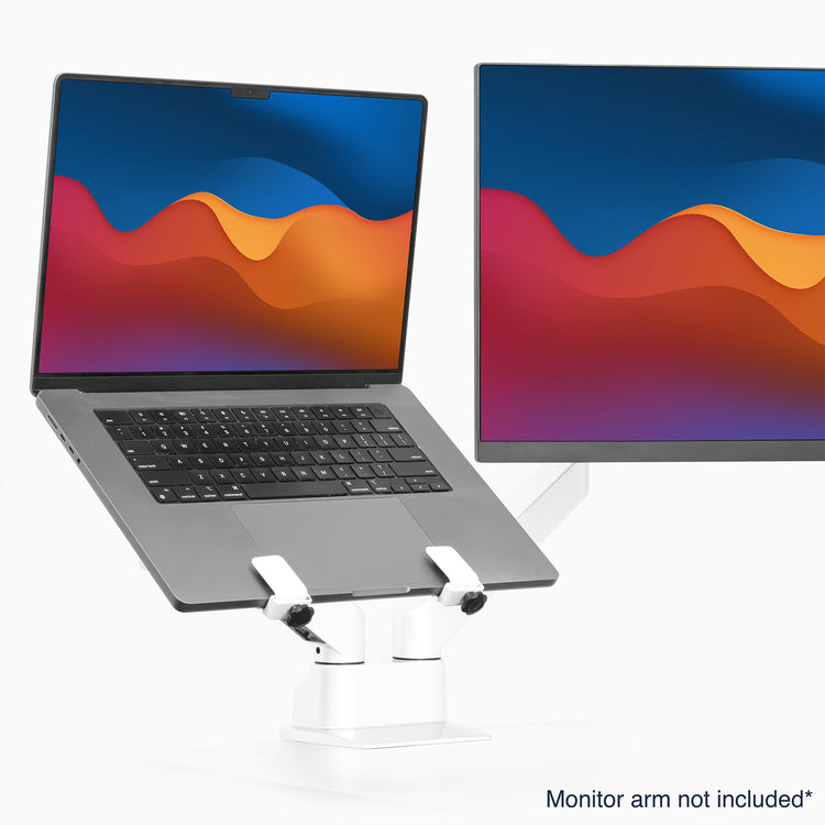 Desky universal laptop mount in white attached to arm