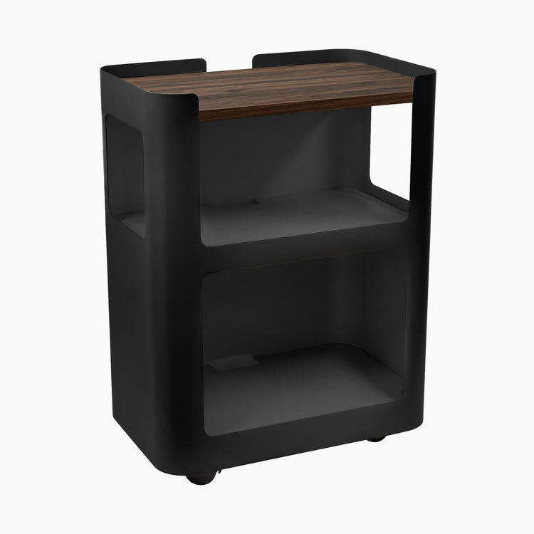 Black open mobile pedestal with jarrah legno shelf - Desky
