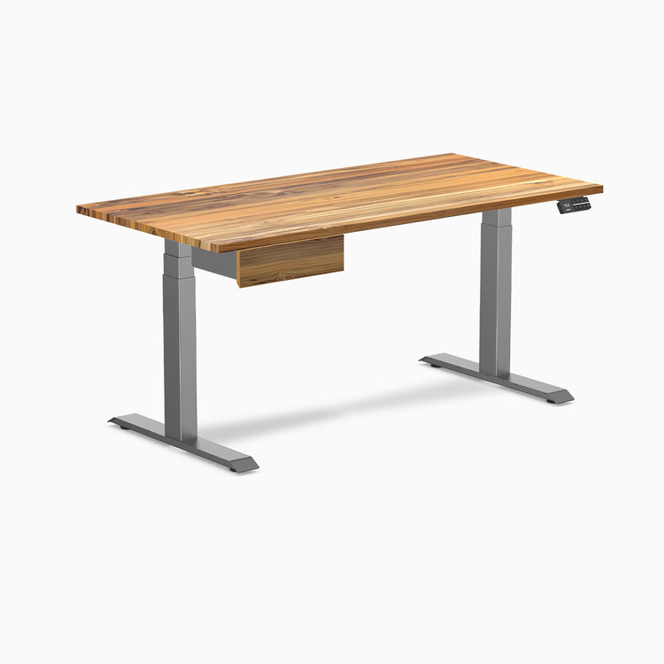 Dual hardwood standing desk with drawer - teak - space grey 60"