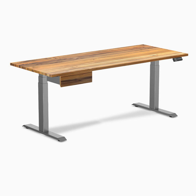 Dual hardwood standing desk with drawer - teak - space grey 72"