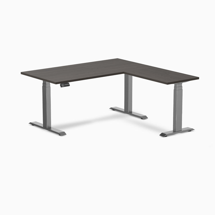 Dual l-shape melamine standing desk - burnished wood laminate - space grey 60"