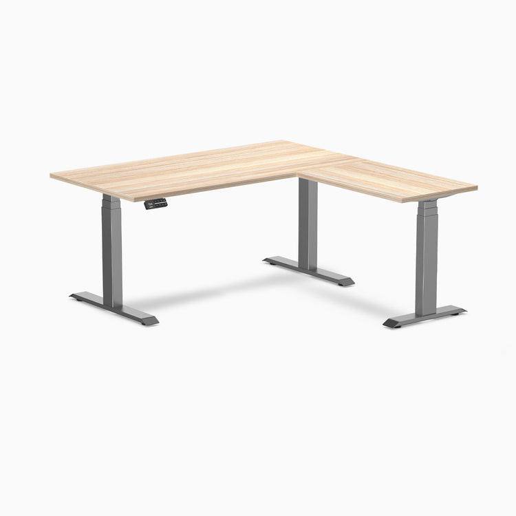 Dual l-shape melamine standing desk - classic oak laminate - space grey 60"