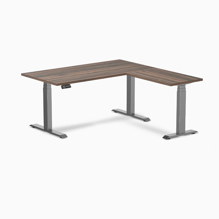 Dual l-shape melamine standing desk - jarrah legno laminate - space grey 60"