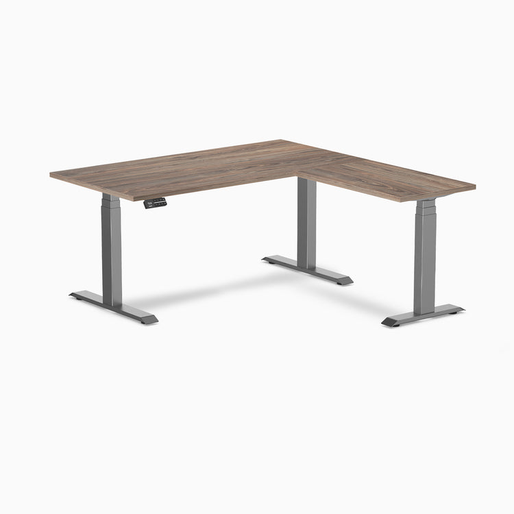 Dual l-shape melamine standing desk - natural walnut laminate - space grey 60"
