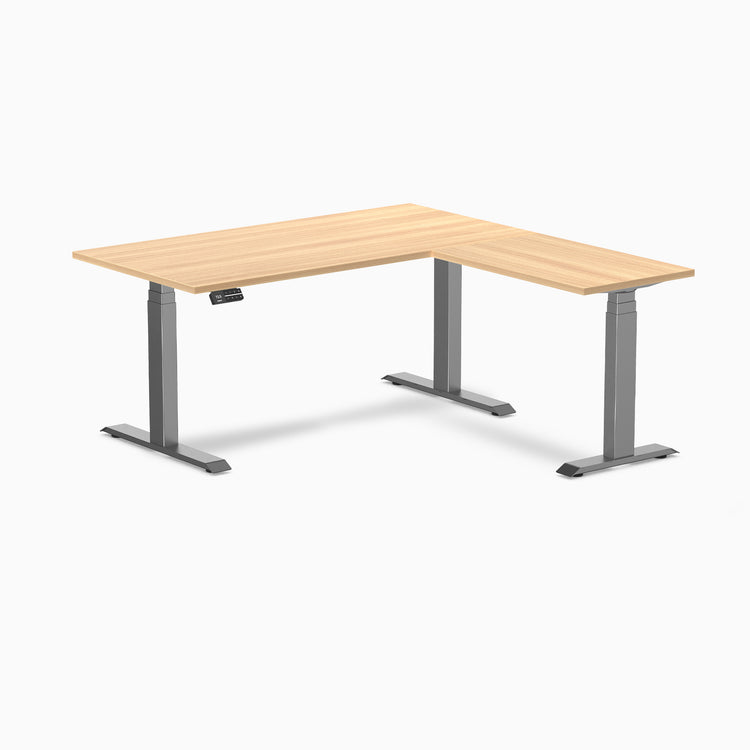 Dual l-shape melamine standing desk - sublime teak laminate - space grey 60"