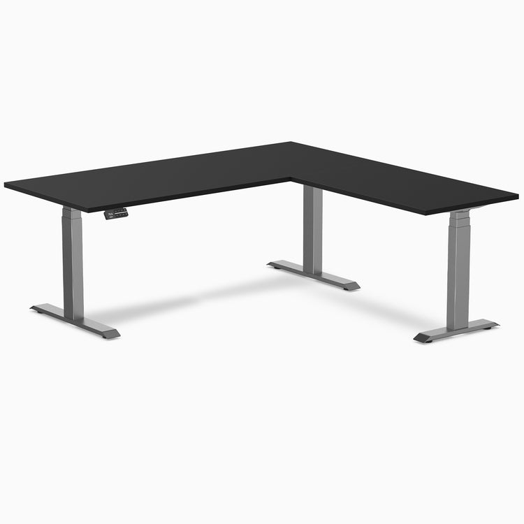 Dual l-shape melamine standing desk - black laminate - space grey 72"