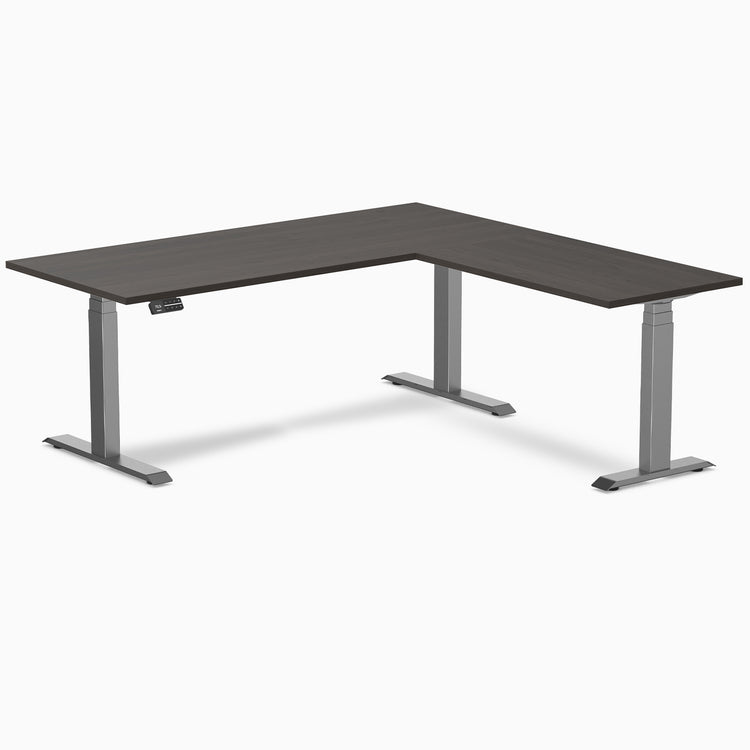 Dual l-shape melamine standing desk - burnished wood laminate - space grey 72"
