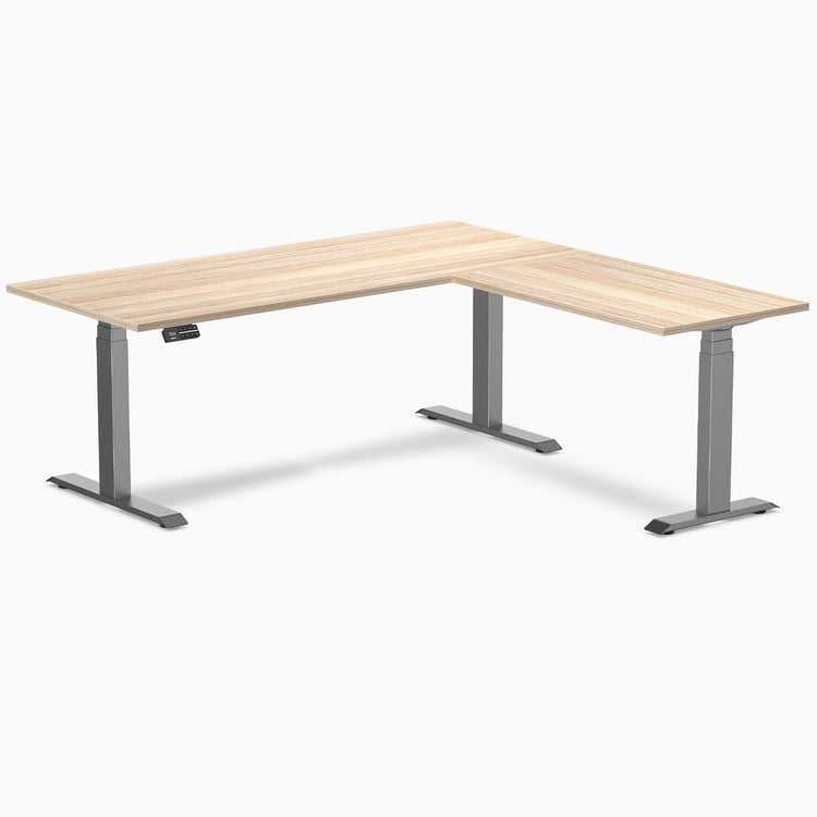 Dual l-shape melamine standing desk - classic oak laminate - space grey 72"