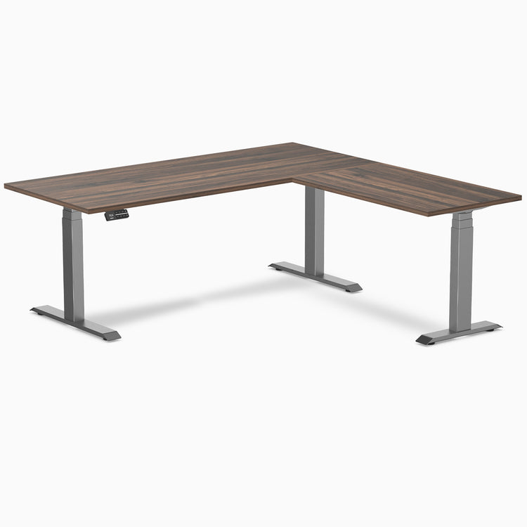 Dual l-shape melamine standing desk - jarrah legno laminate - space grey 72"
