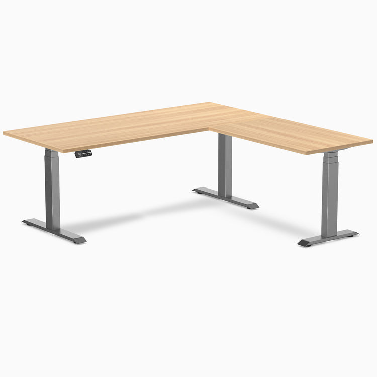 Dual l-shape melamine standing desk - sublime teak laminate - space grey 72"