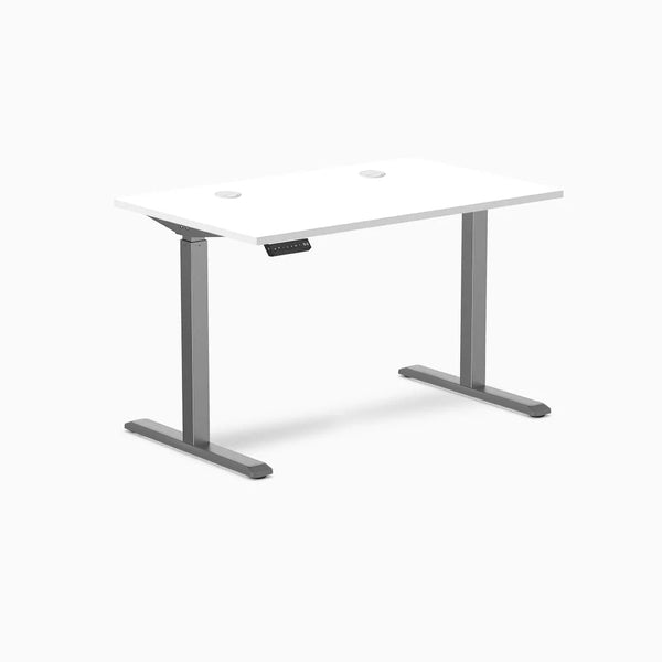 Desky Single Sit Stand Desk, White desktop, Space Grey frame