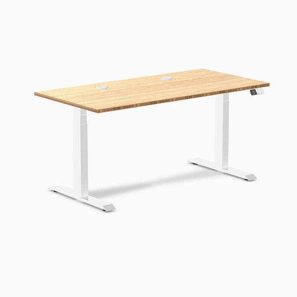 Desky Dual Bamboo Sit Stand Desk, Bamboo desktop, White frame