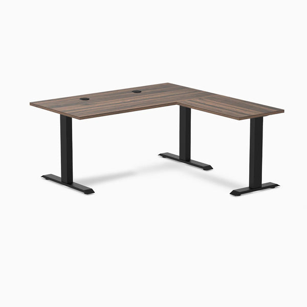 Desky Zero Laminate L-Shape Office Desk, Jarrah Legno desktop, Matte Black frame