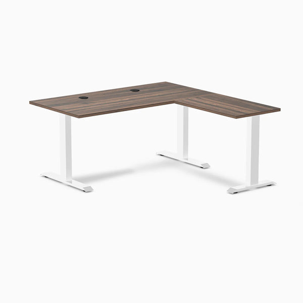 Desky Zero Laminate L-Shape Office Desk, Jarrah Legno desktop, White frame