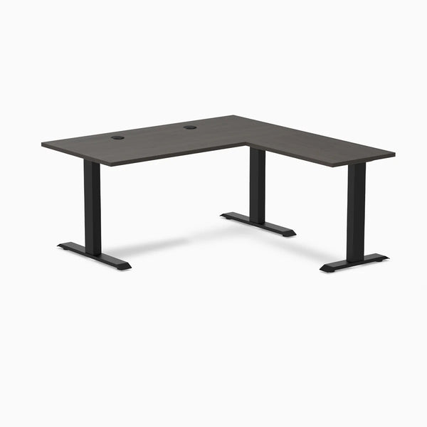 Desky Zero Laminate L-Shape Office Desk, Burnished Wood desktop, Matte Black frame