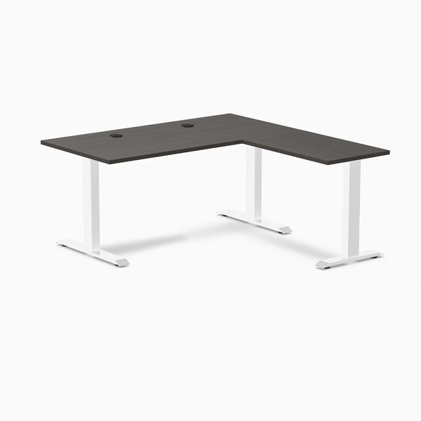 Desky Zero Laminate L-Shape Office Desk, Burnished Wood desktop, White frame