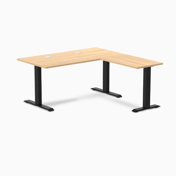 Desky Zero Laminate L-Shape Office Desk, Sublime Teak desktop, Matte Black frame