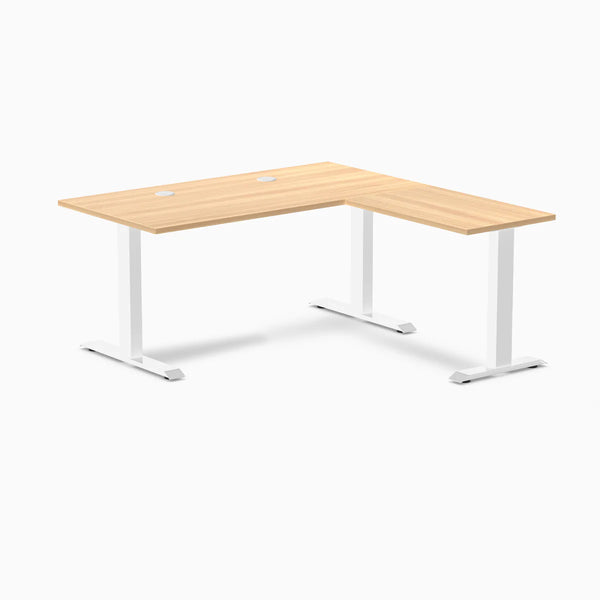 Desky Zero Laminate L-Shape Office Desk, Sublime Teak desktop, White frame