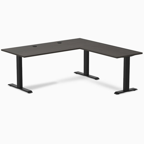 Desky Zero Laminate L-Shape Office Desk, Burnished Wood desktop, Matte Black frame