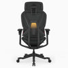 A black ergonomic office chair with a mesh back, adjustable armrests, and a five-star wheeled base, shown from the front on a light gray background.