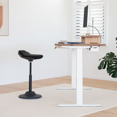 Black sit stand pro active stool standing desk setup