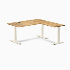 Desky Zero Hardwood L-Shape Office Desk, Acacia desktop, Wheat frame