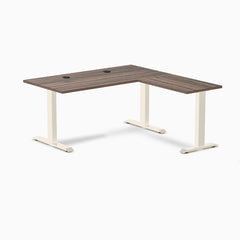 Desky Zero Laminate L-Shape Office Desk, Jarrah Legno desktop, Wheat frame