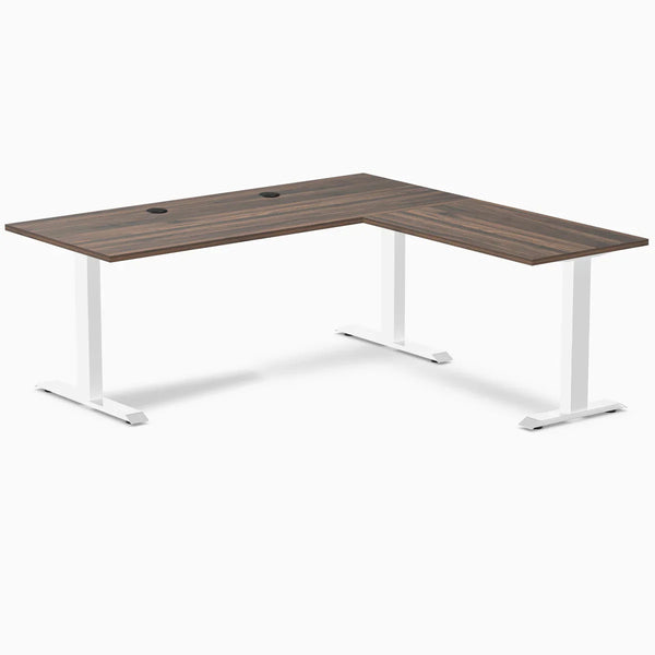 Desky Zero Laminate L-Shape Office Desk, Jarrah Legno desktop, Wheat frame
