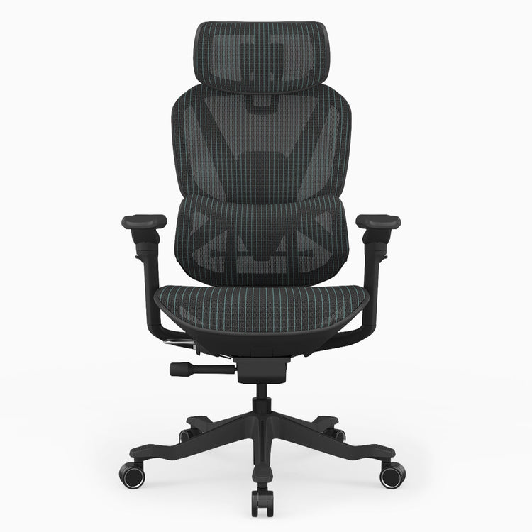 A black ergonomic office chair with a high mesh back, adjustable armrests, and a five-star wheeled base, shown against a plain white background.
