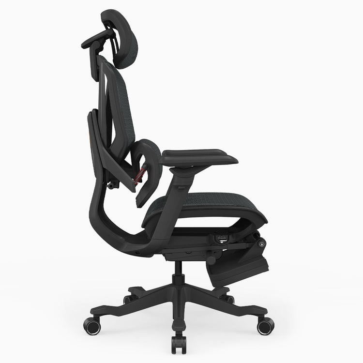A black ergonomic office chair with an adjustable headrest, padded armrests, a mesh back, and a five-wheel base, shown from a side profile view on a light gray background.