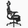A black ergonomic office chair with an adjustable headrest, padded armrests, a mesh back, and a five-wheel base, shown from a side profile view on a light gray background.