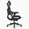 A black ergonomic office chair with a headrest, adjustable armrests, and a five-wheel base, shown from a side profile view on a light gray background.