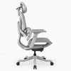 A modern ergonomic office chair with a light gray mesh seat and back, a curved light gray frame, adjustable armrests, and a black five-star wheeled base, shown from a side profile view on a white background.