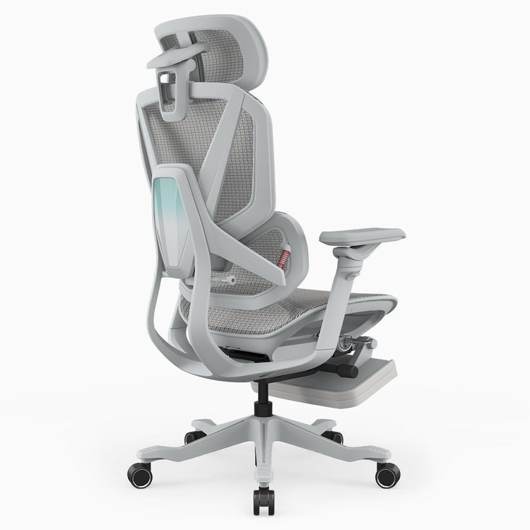 A light gray ergonomic office chair with a mesh back, adjustable armrests, a headrest, and a five-wheel base, shown on a plain white background.