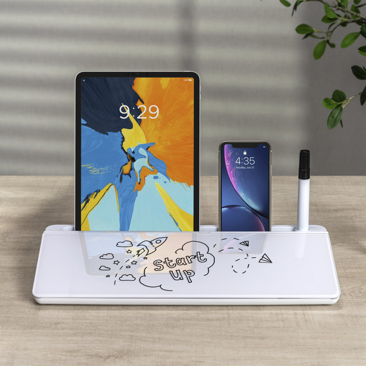 Desktop whiteboard drawing with phone and tablet holder