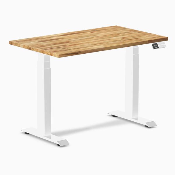 Desky Dual Mini Hardwood Sit Stand Desk, Acacia desktop, White frame