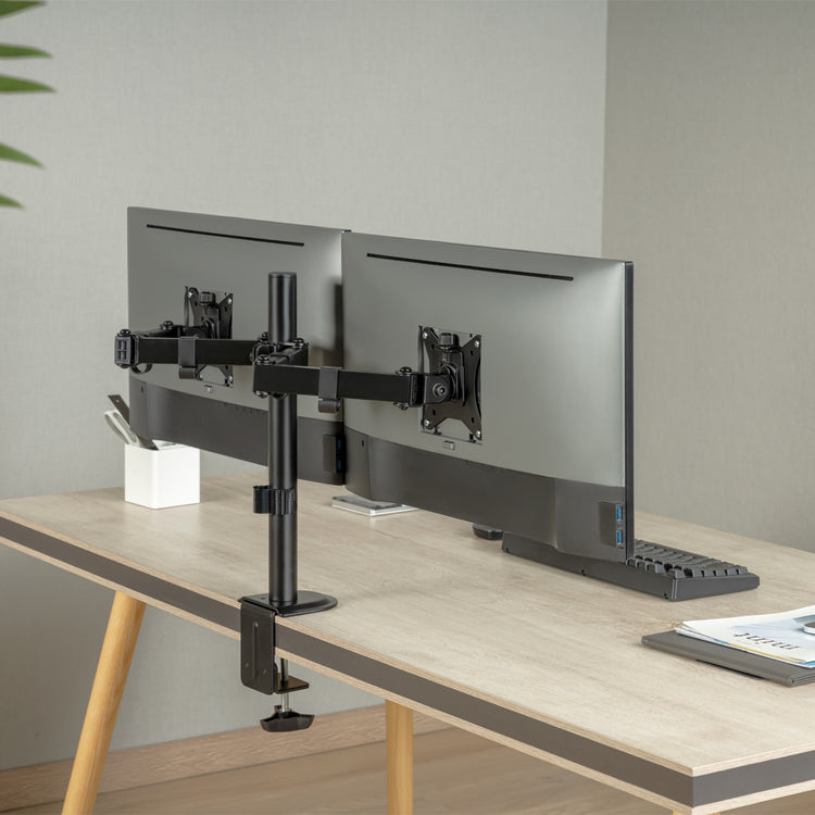 Dual eco monitor mount attached on desk - Desky Canada