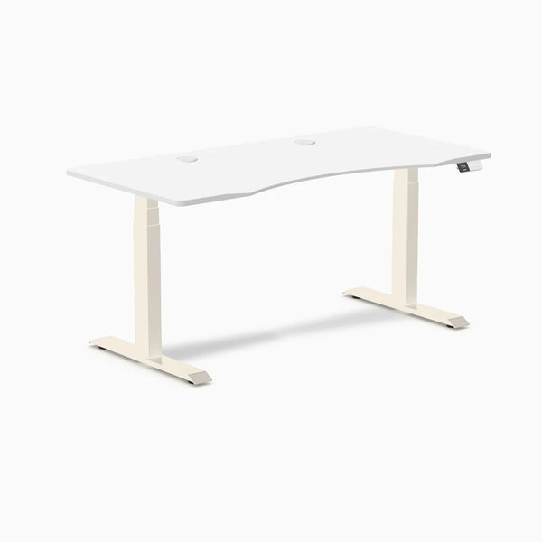 Desky Dual Ergo Edge Sit Stand Desk, White desktop, Wheat frame